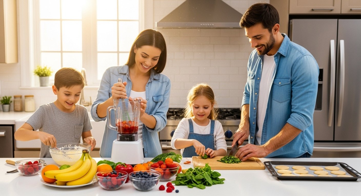 Family making a healthy smoothie in the kitchen